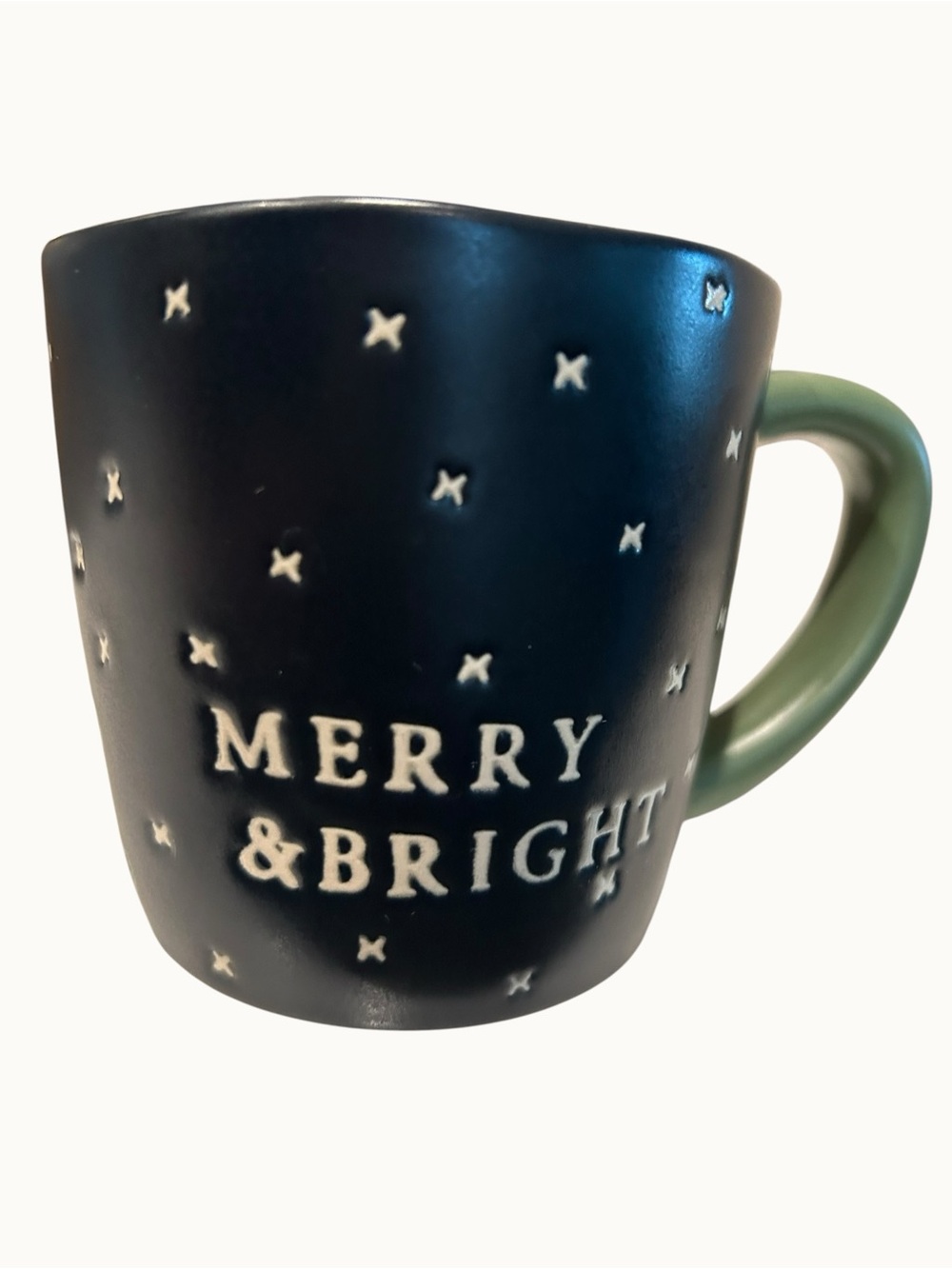 Hearth & Hand Merry & Bright Navy Coffee Stoneware Mug Green Handle NEW